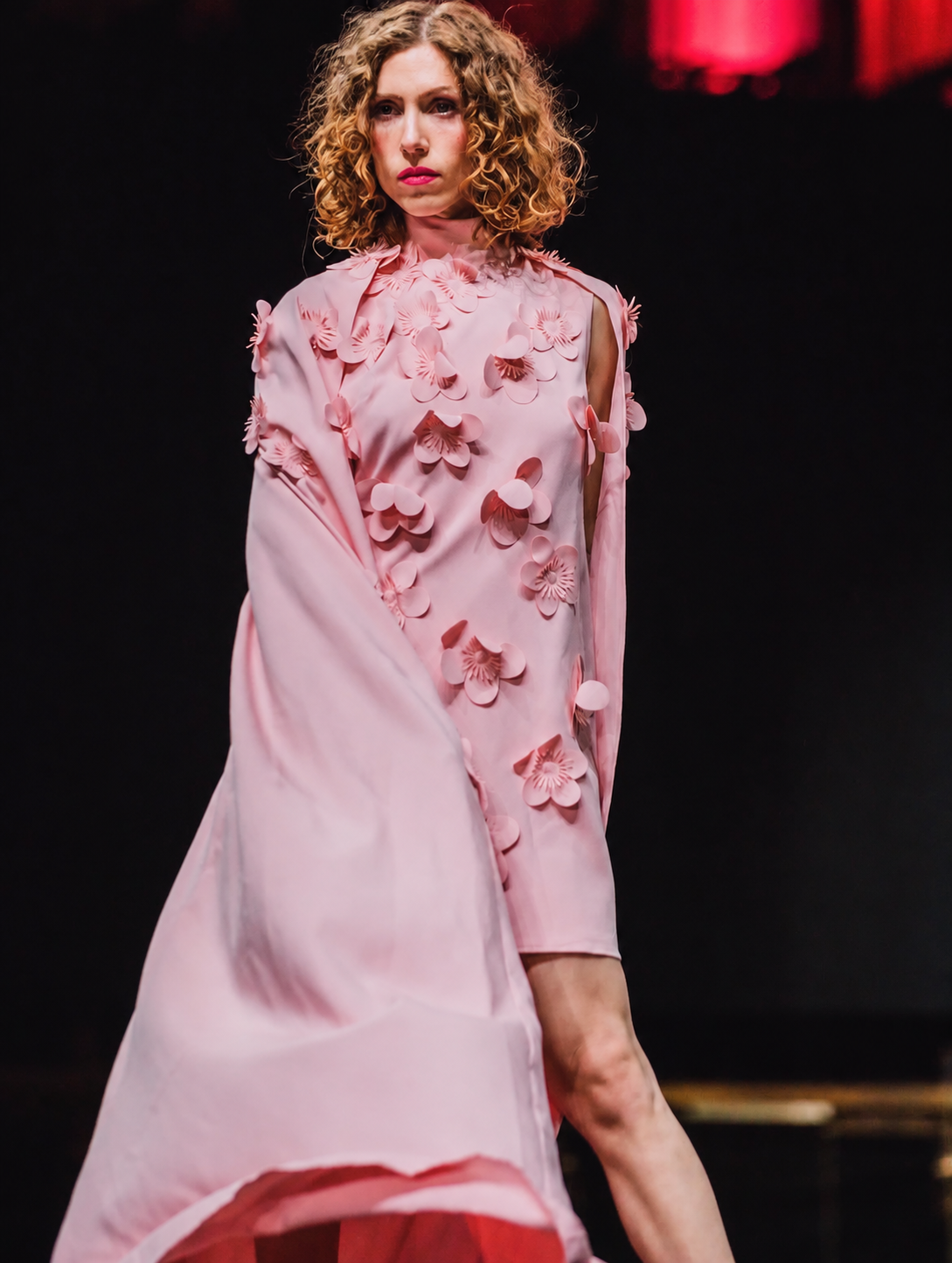 Pink floral cape dress on the Strawberry Flowers runway